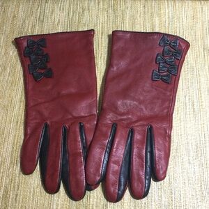 Max Studio Womens Red Leather Gloves with Black Bow Accents size Medium